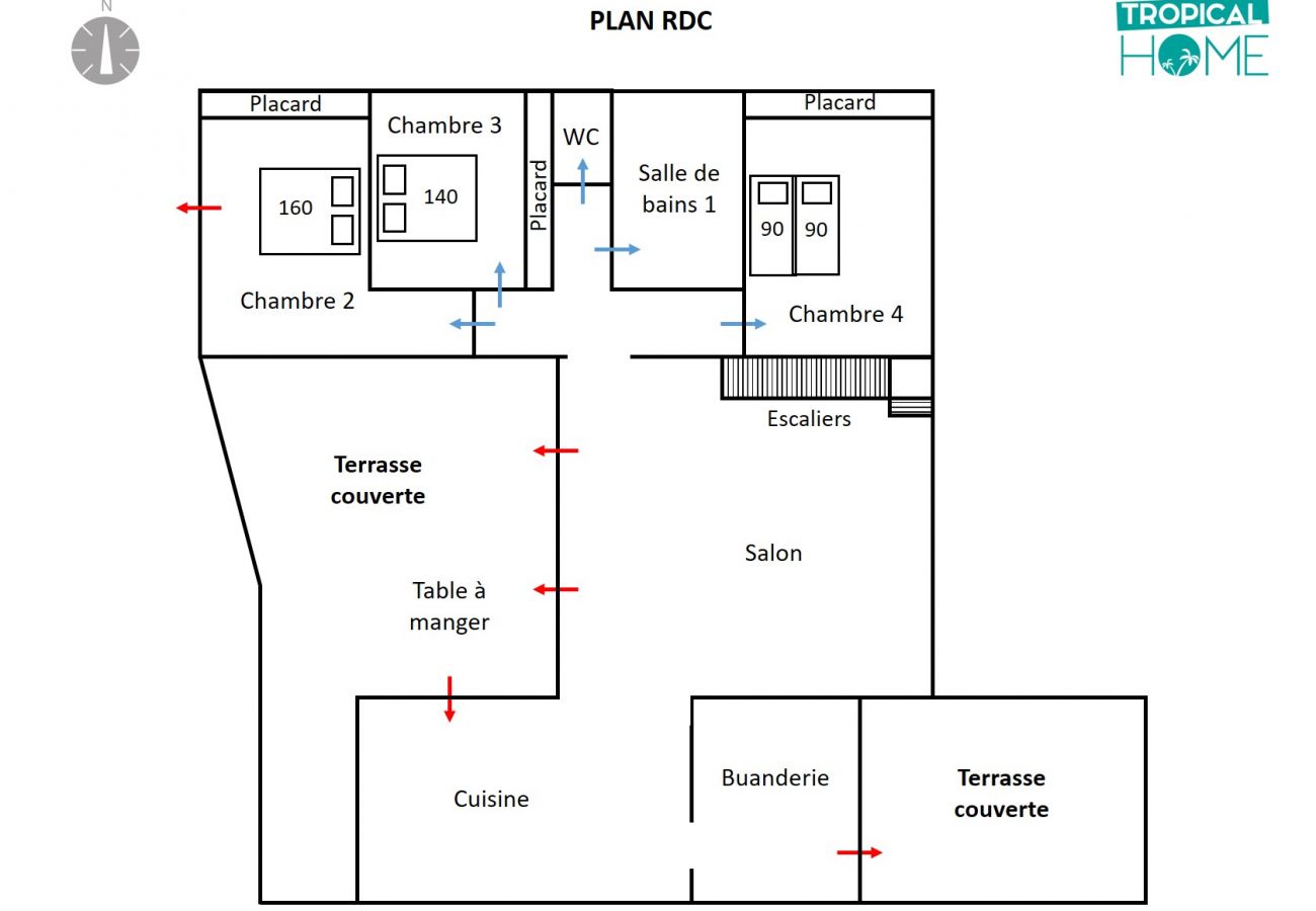 Plan de la villa avec 3 chambres au RDC